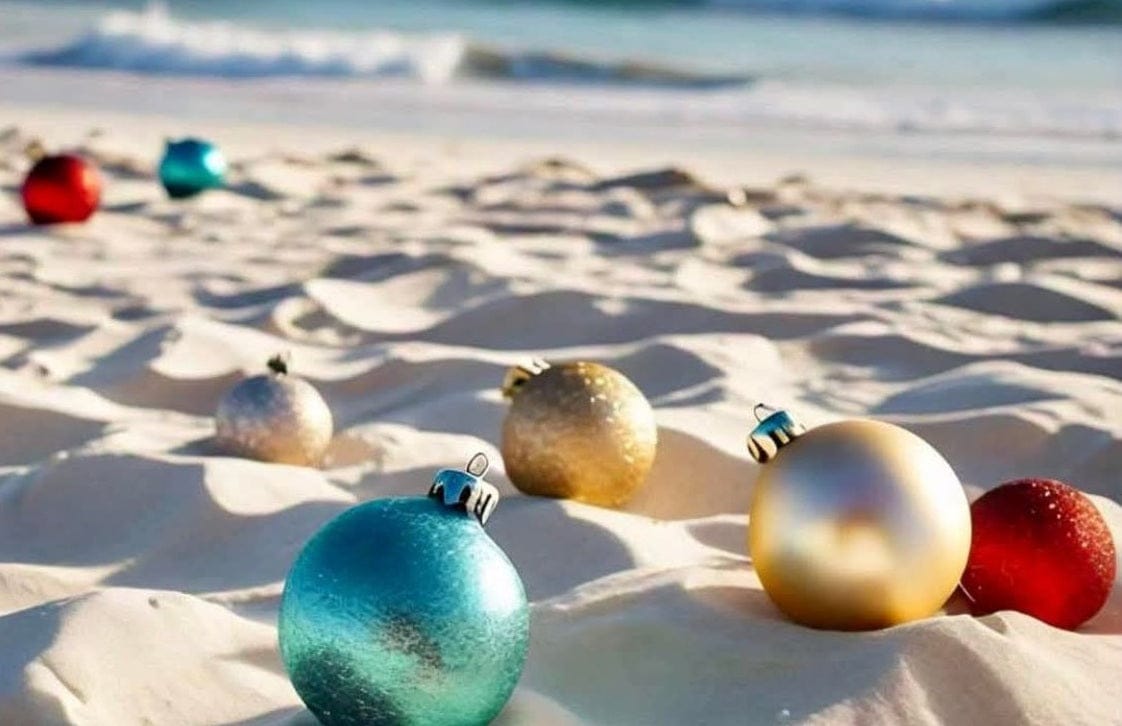 Hawaiian Christmas beach scene with eco-friendly decorations