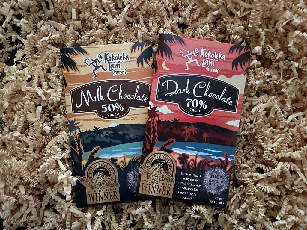 Hawaiian chocolate bar from Kokoleka Lani Farms with 50% and 70% cacao