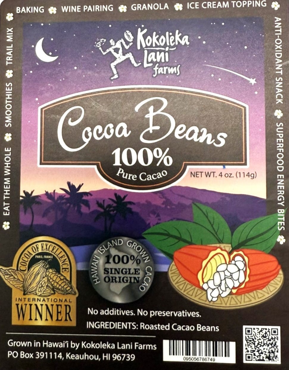 Kokoleka Lani Farms cocoa beans packaging with a purple background and cacao bean illustration.