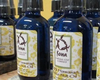 Kona Natural Soap Company 100% Hawaiian Kukui Nut Oil bottles, handcrafted in small batches in Kona, Hawaii