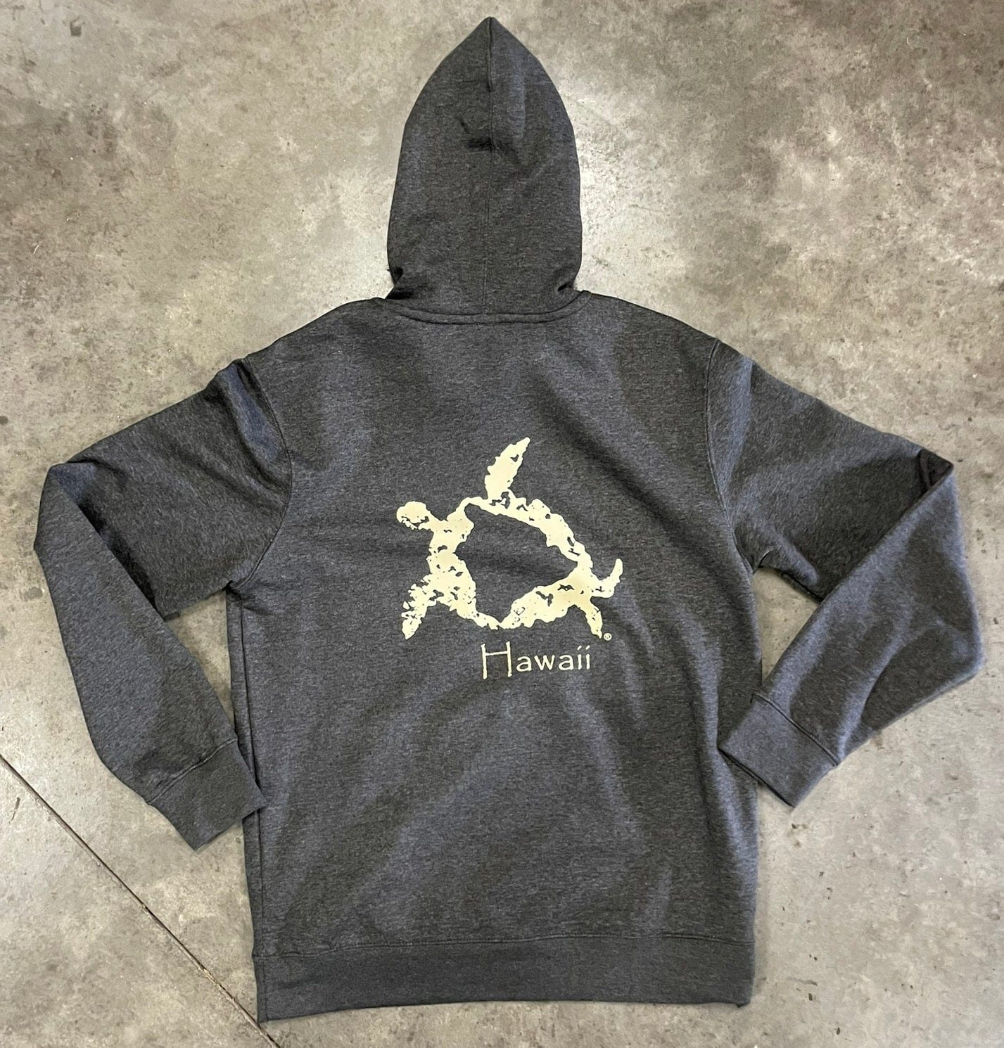 Hawaiian sea turtle petroglyph hoodie in heather gray and olive green