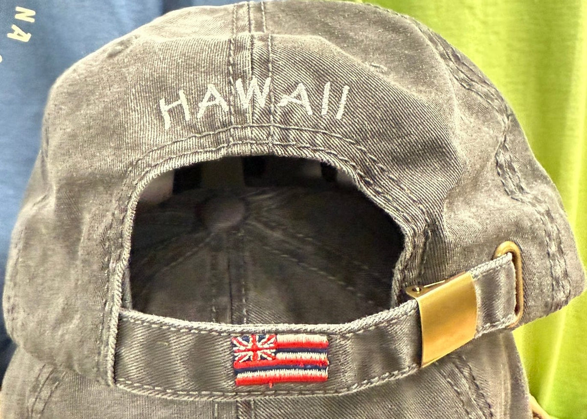 Black cap with &#39;HAWAII&#39; text and a flag emblem on a blurred background