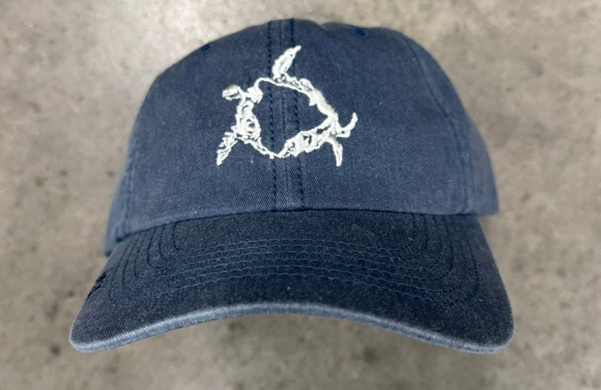 Navy blue cap with white turtle logo on a surface