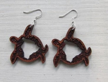 koa wood earrings from hawaii with sea turtle design