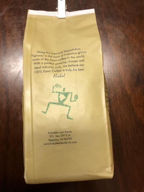 back image of kona natural soap and kokoleka lani farm coffee bag