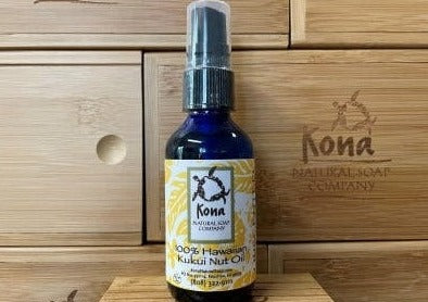 100% Hawaiian kukui nut oil in glass bottle with natural moisturizing properties