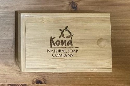 Sustainable bamboo gift box containing 4 natural soap bars with sea turtle logo