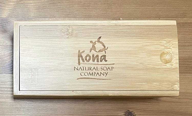 close up of bamboo box with kona soap turtle logo